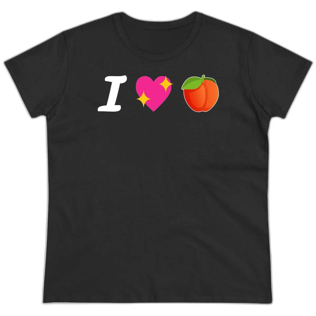 I love apples rebus design with large white I, magenta heart with yellow sparkles, and red apple with green leaf in Black