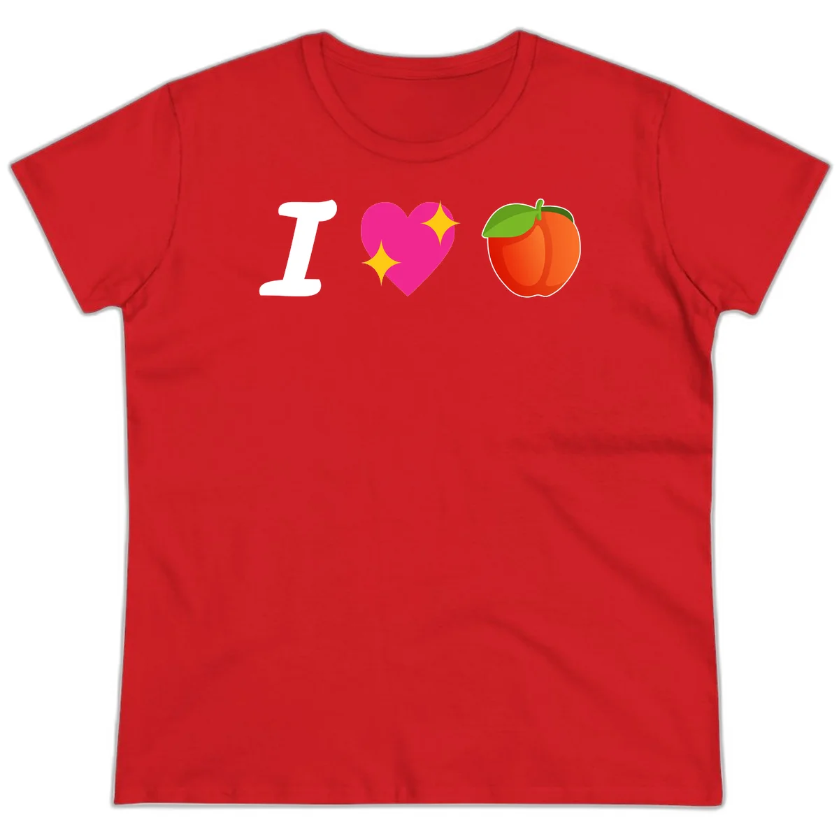 I love apples rebus design with large white I, magenta heart with yellow sparkles, and red apple with green leaf in Red