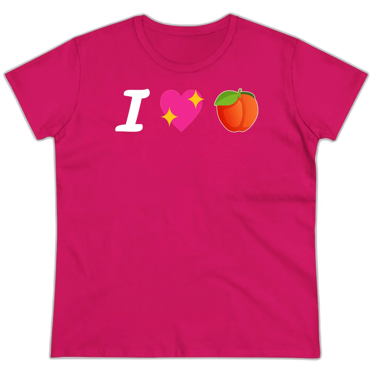 I love apples rebus design with large white I, magenta heart with yellow sparkles, and red apple with green leaf in Heliconia