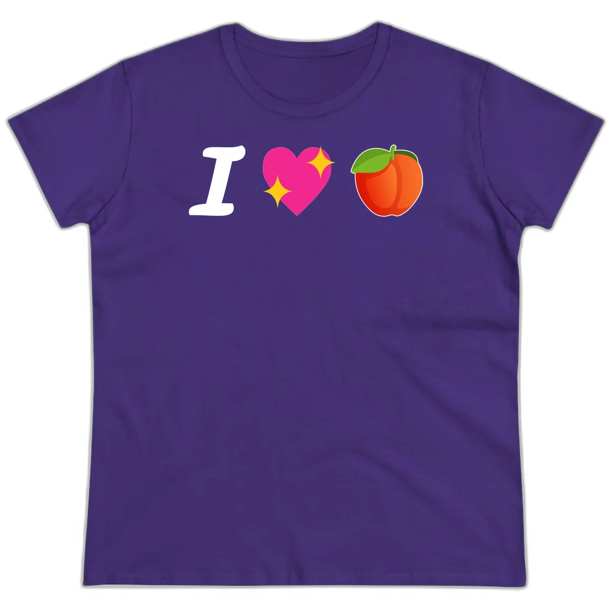 I love apples rebus design with large white I, magenta heart with yellow sparkles, and red apple with green leaf in Purple