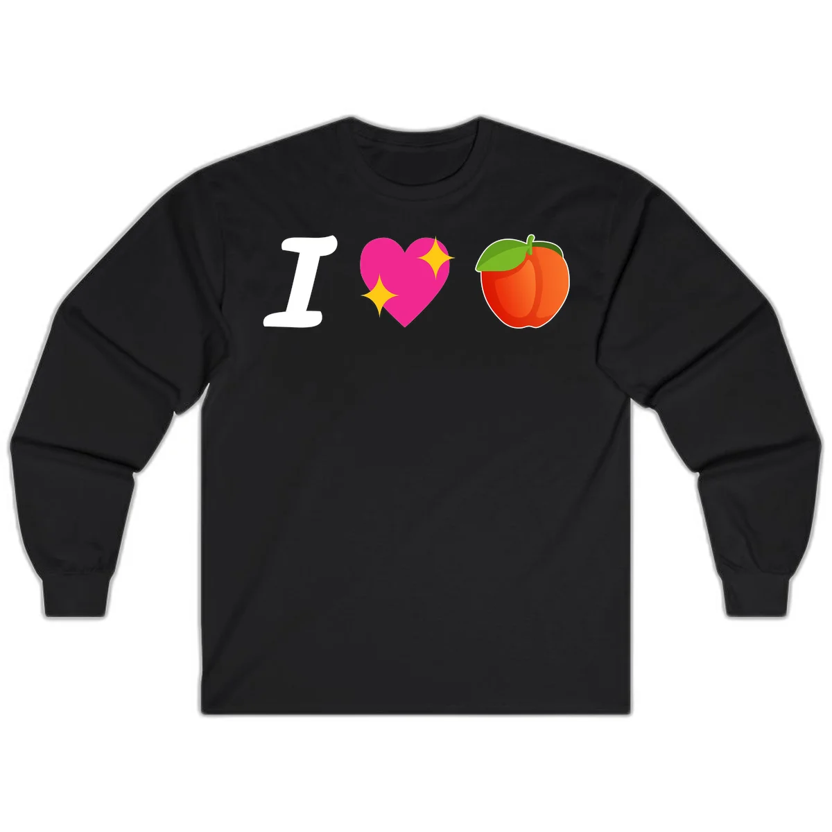 I love apples rebus design with large white I, magenta heart with yellow sparkles, and red apple with green leaf in Black