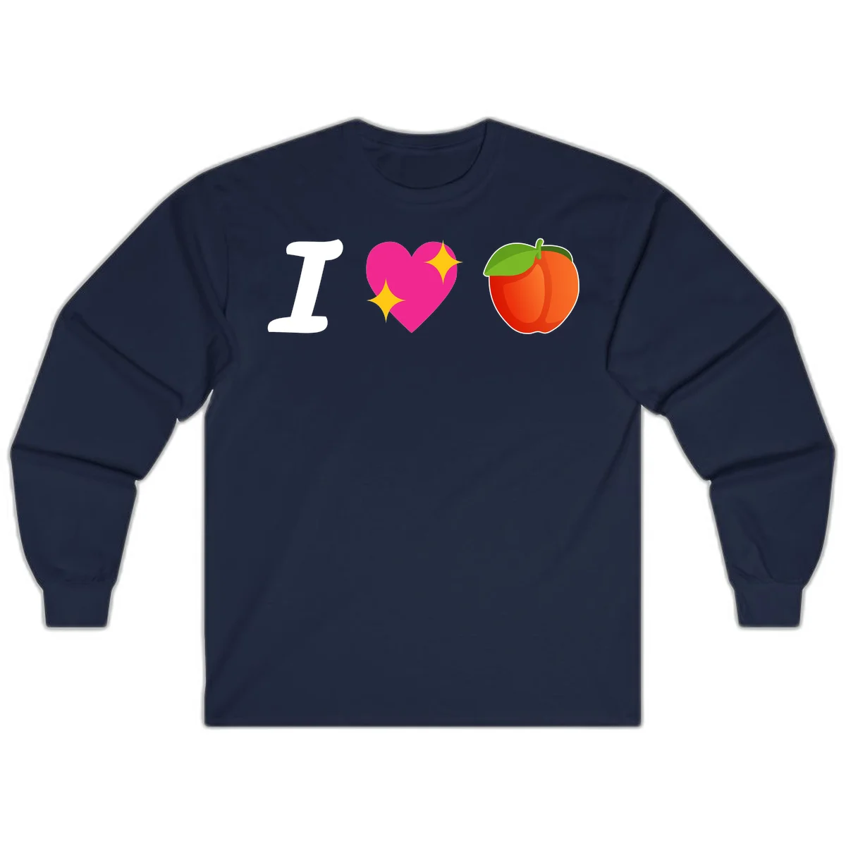 I love apples rebus design with large white I, magenta heart with yellow sparkles, and red apple with green leaf in Navy