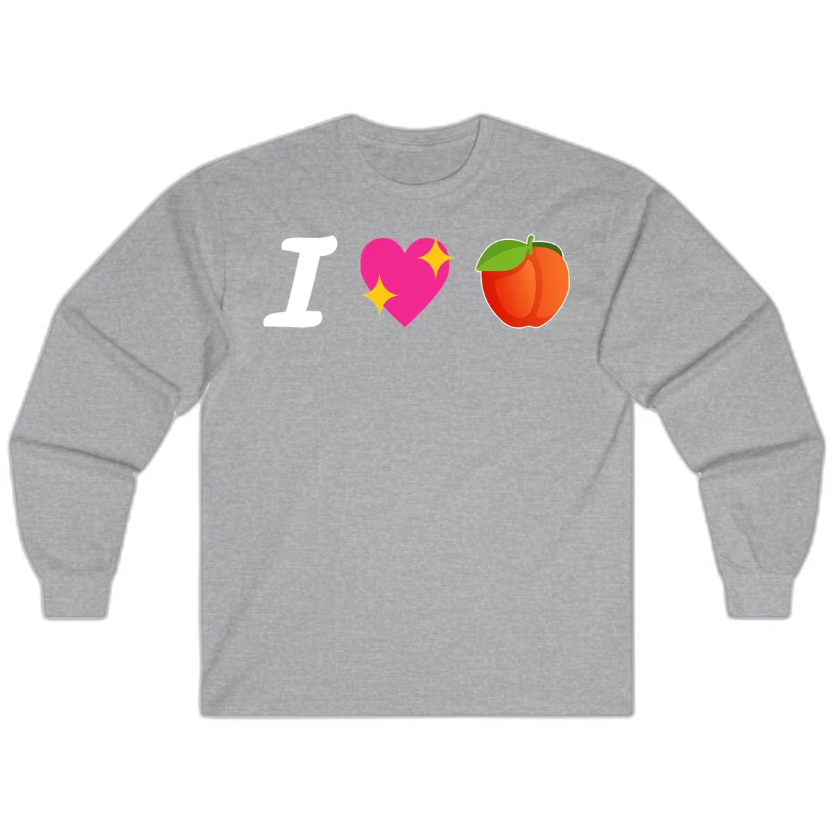 I love apples rebus design with large white I, magenta heart with yellow sparkles, and red apple with green leaf in Sport Grey