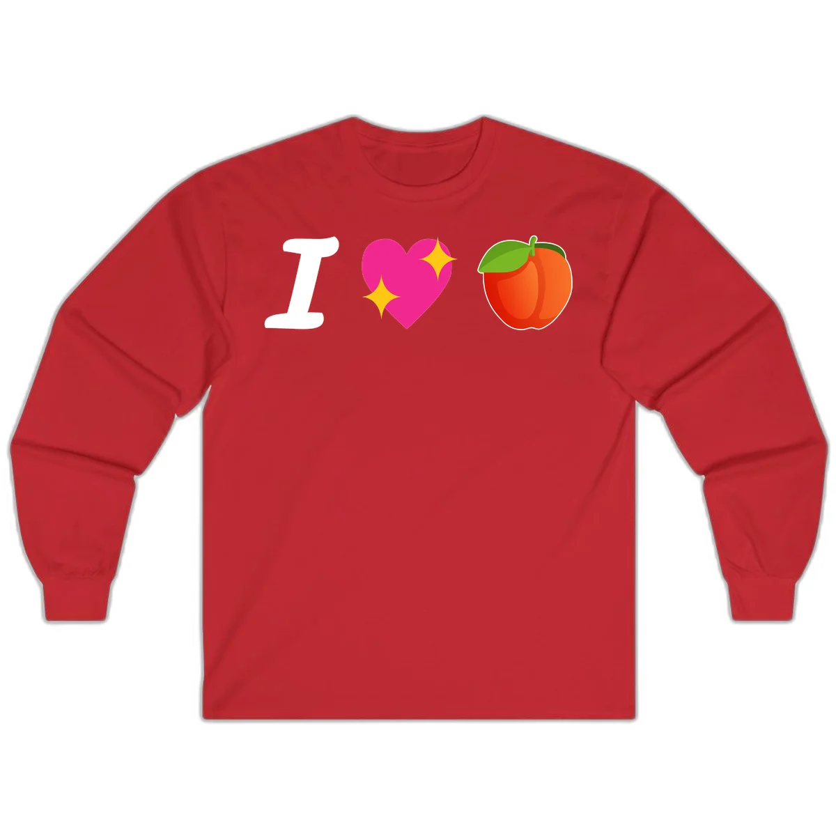 I love apples rebus design with large white I, magenta heart with yellow sparkles, and red apple with green leaf in Red