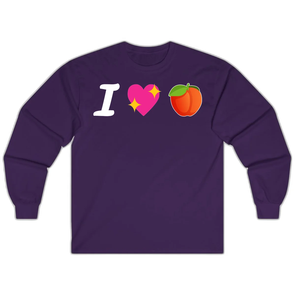 I love apples rebus design with large white I, magenta heart with yellow sparkles, and red apple with green leaf in Purple