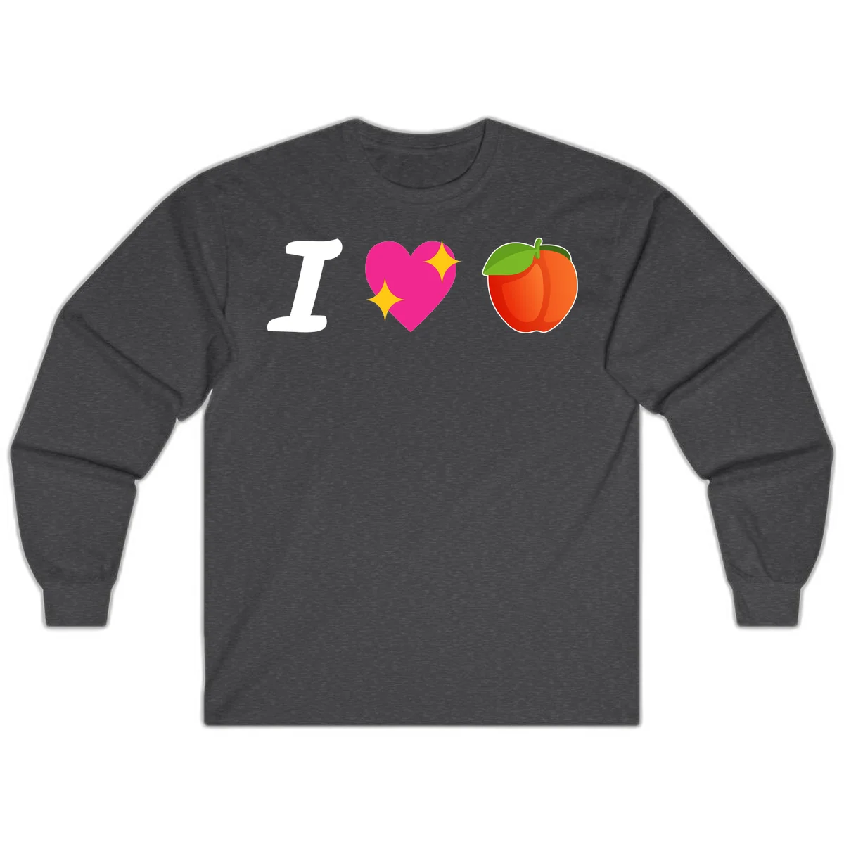 I love apples rebus design with large white I, magenta heart with yellow sparkles, and red apple with green leaf in Dark Heather