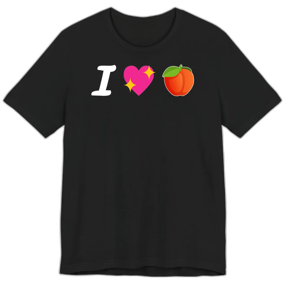 I love apples rebus design with large white I, magenta heart with yellow sparkles, and red apple with green leaf in Black