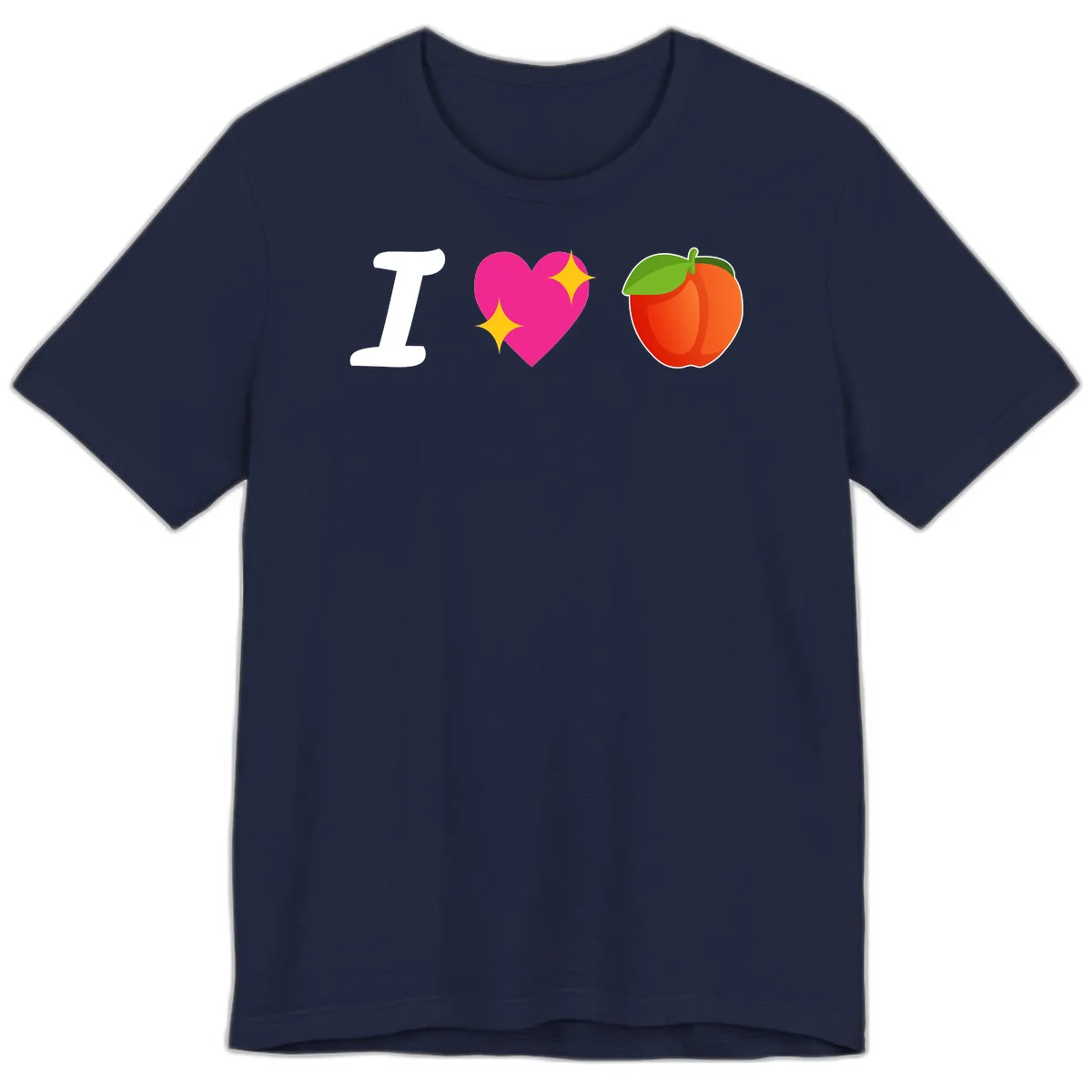 I love apples rebus design with large white I, magenta heart with yellow sparkles, and red apple with green leaf in Navy