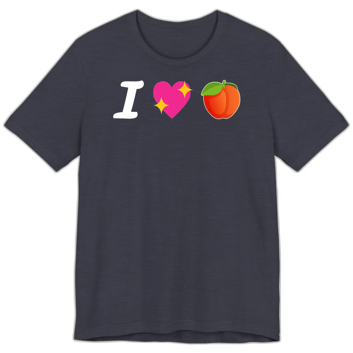 I love apples rebus design with large white I, magenta heart with yellow sparkles, and red apple with green leaf in Heather Midnight Navy