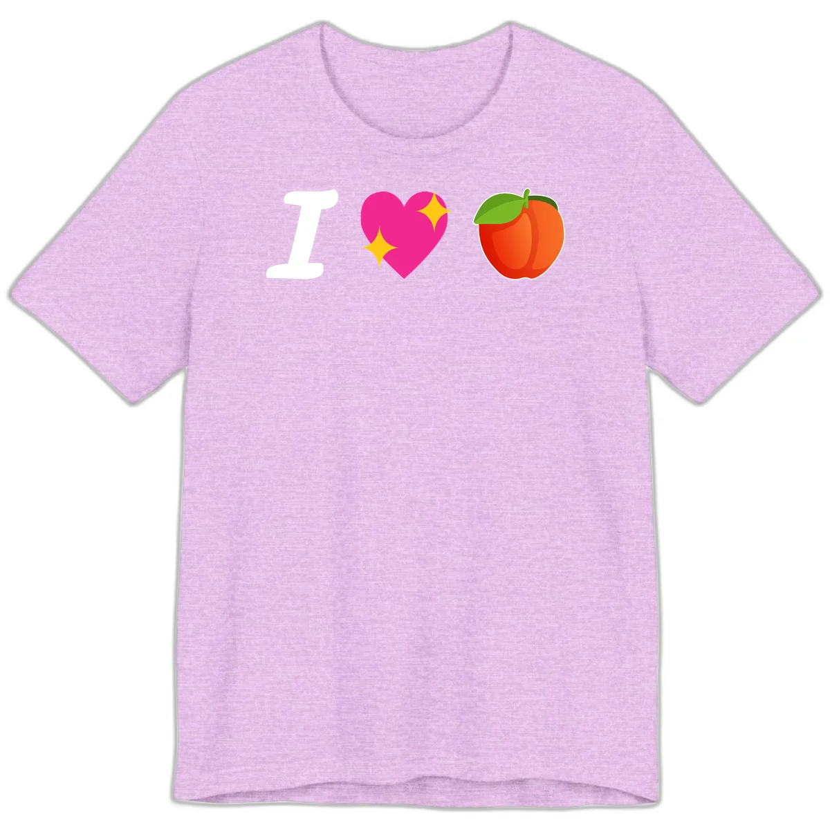 I love apples rebus design with large white I, magenta heart with yellow sparkles, and red apple with green leaf in Heather Prism Lilac