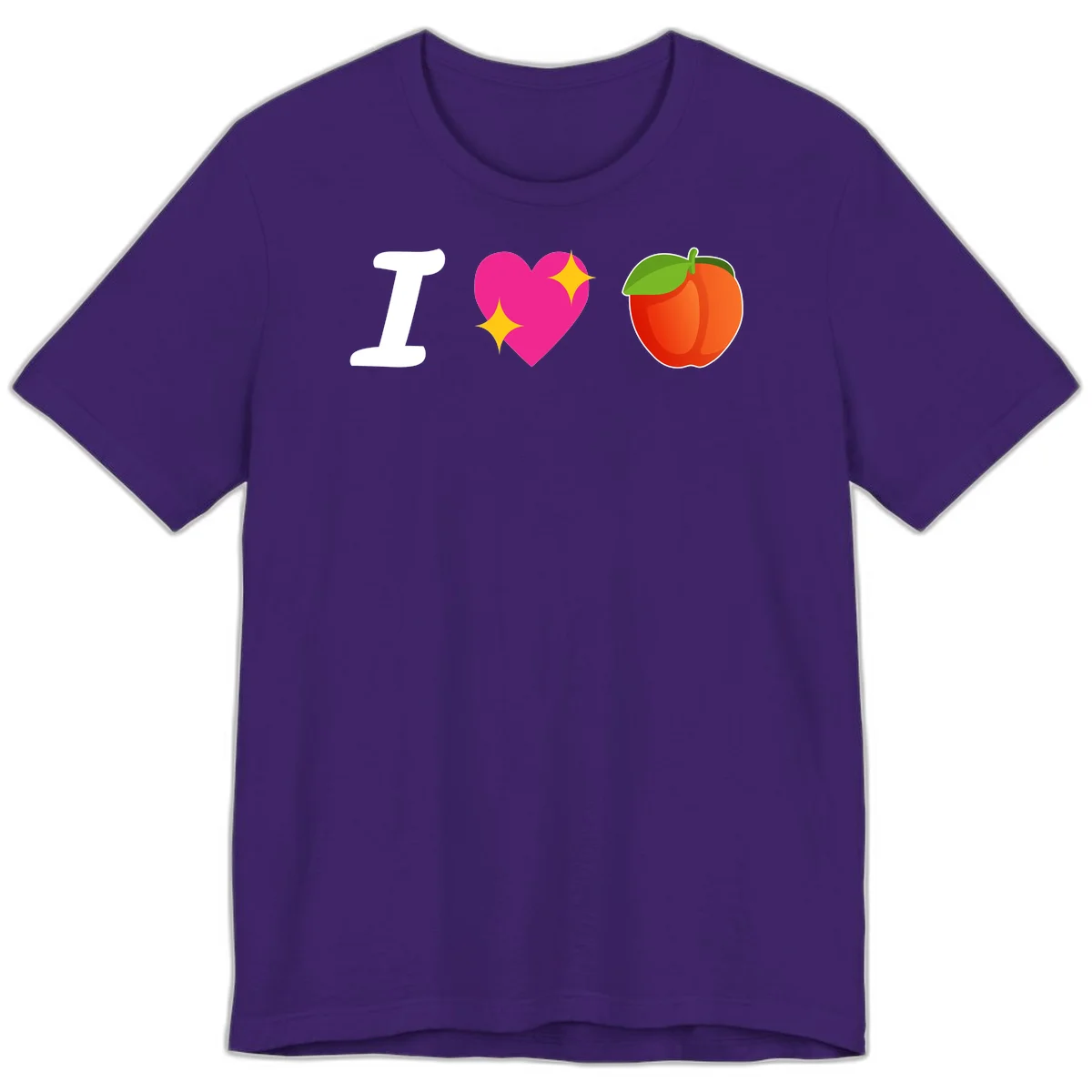 I love apples rebus design with large white I, magenta heart with yellow sparkles, and red apple with green leaf in Team Purple