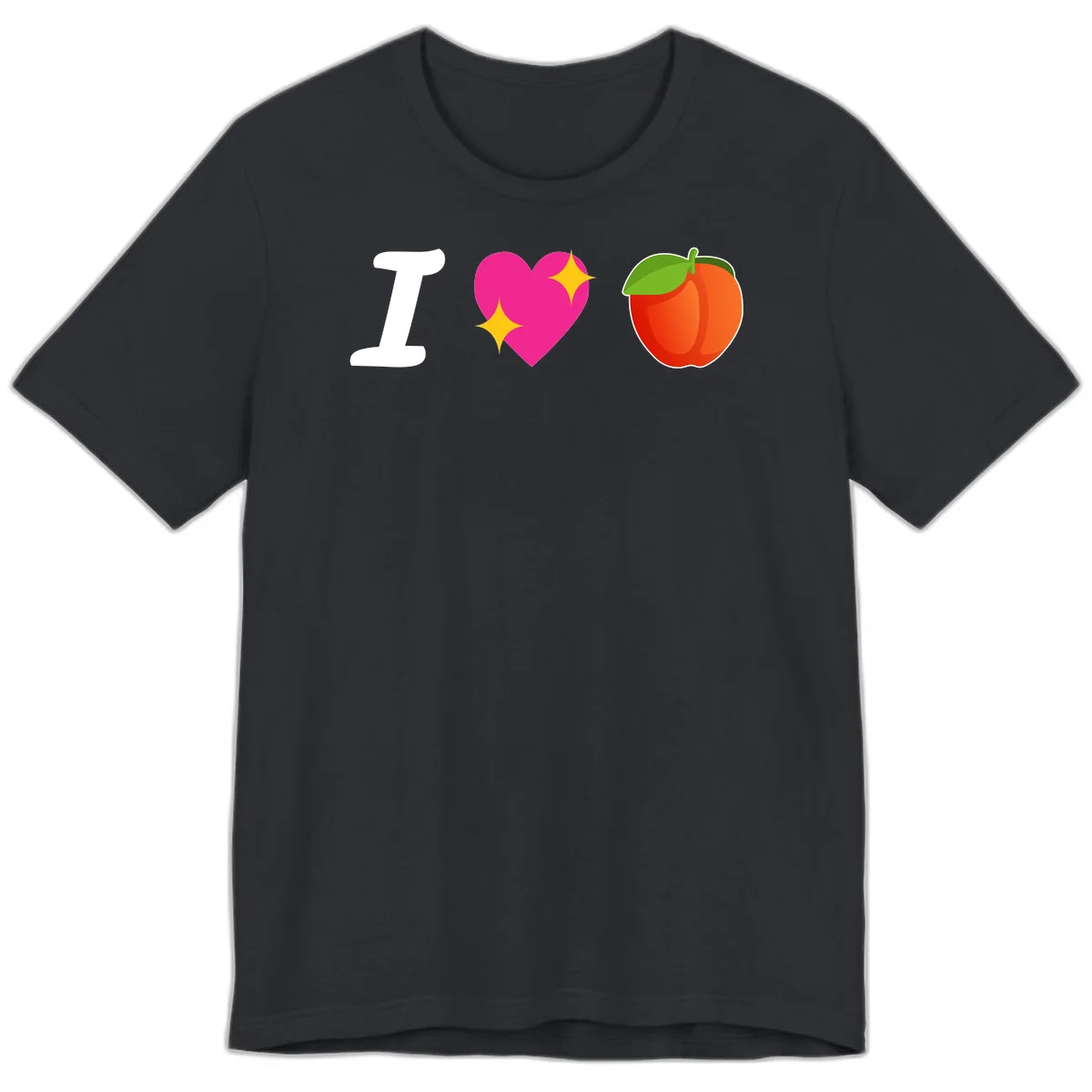 I love apples rebus design with large white I, magenta heart with yellow sparkles, and red apple with green leaf in Vintage Black