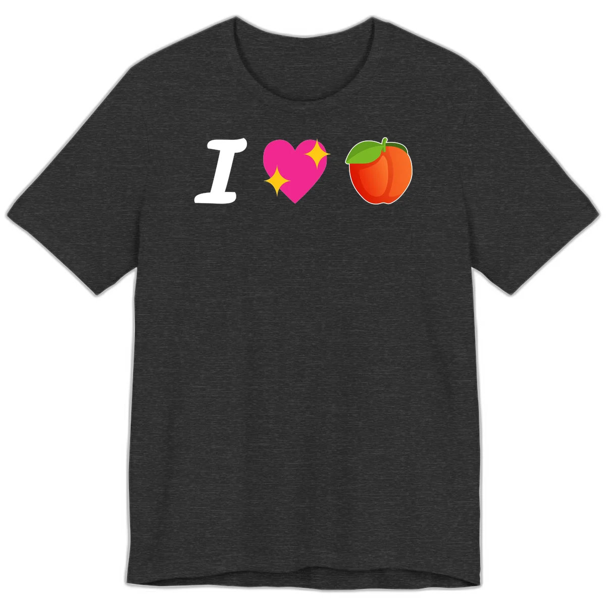 I love apples rebus design with large white I, magenta heart with yellow sparkles, and red apple with green leaf in Dark Grey Heather