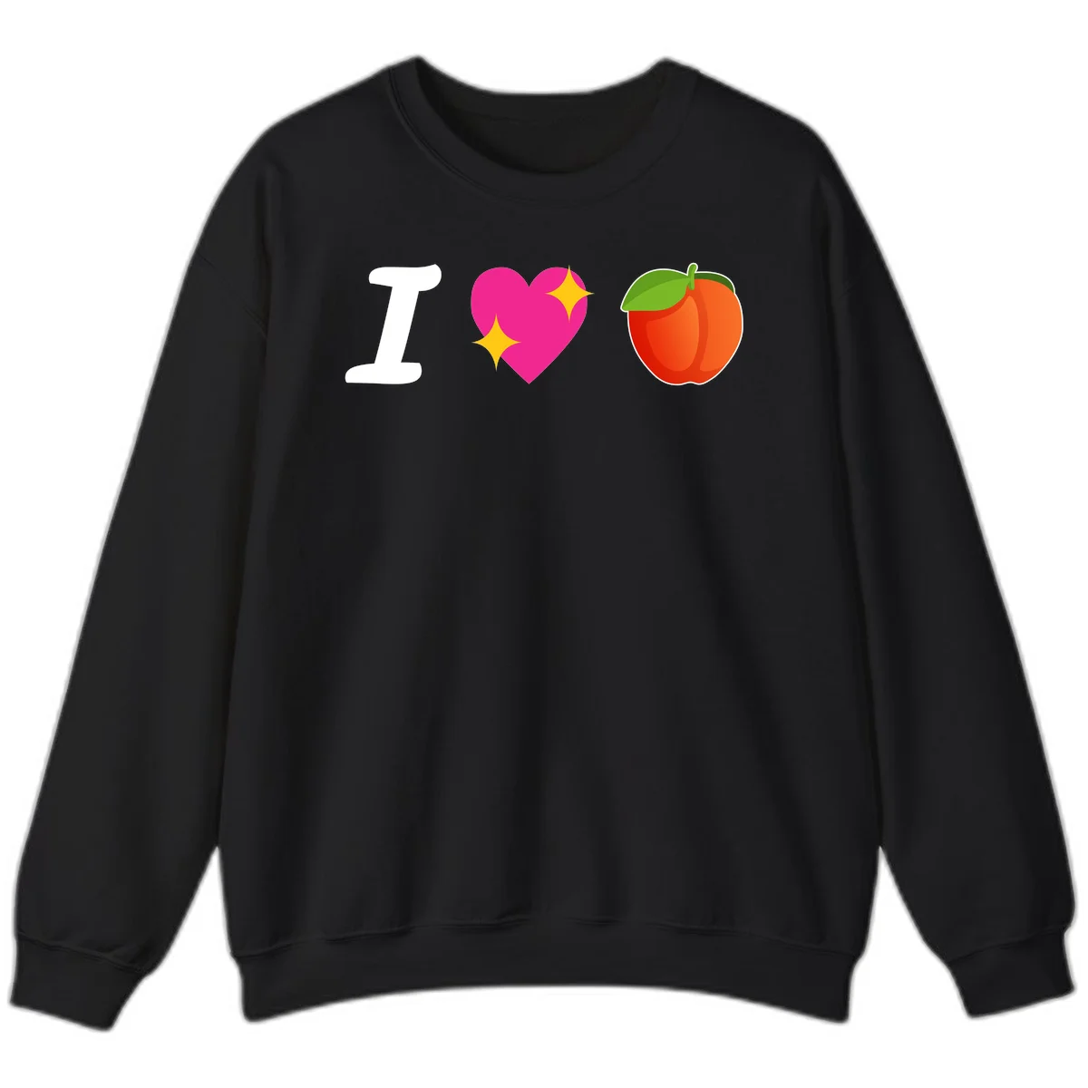 I love apples rebus design with large white I, magenta heart with yellow sparkles, and red apple with green leaf in Black