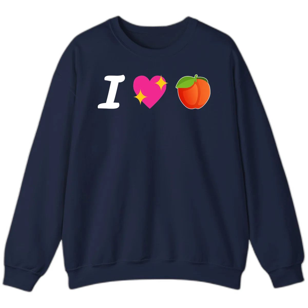 I love apples rebus design with large white I, magenta heart with yellow sparkles, and red apple with green leaf in Navy