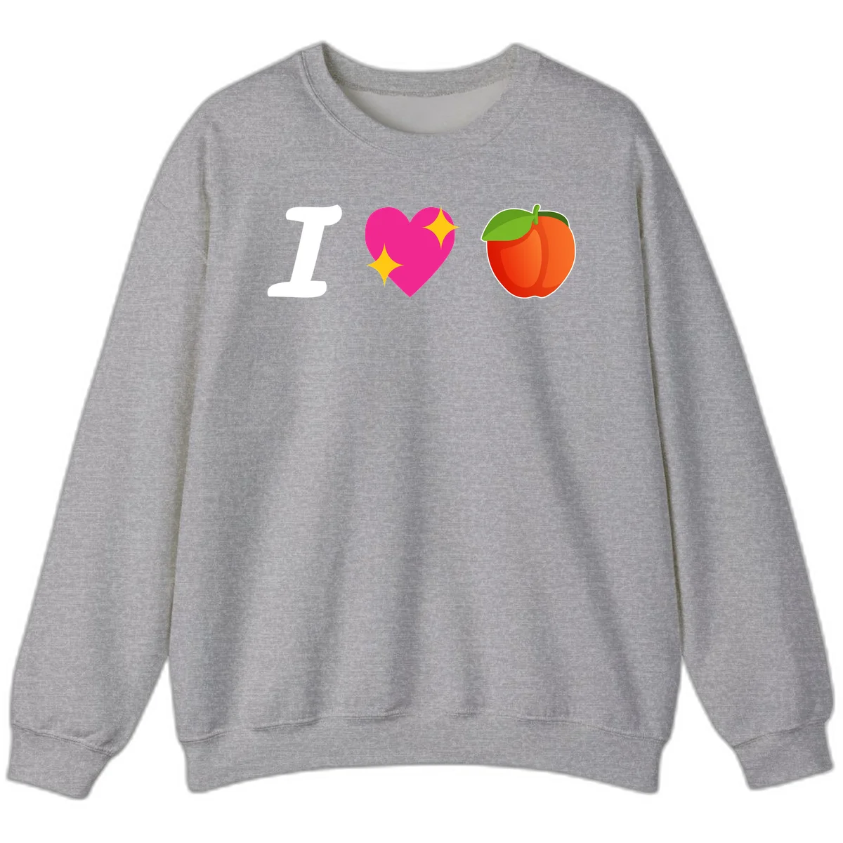 I love apples rebus design with large white I, magenta heart with yellow sparkles, and red apple with green leaf in Sport Grey