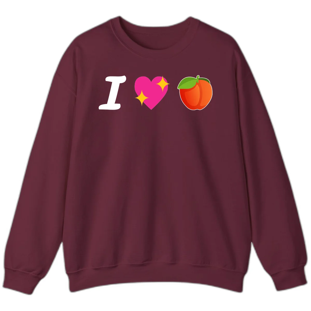 I love apples rebus design with large white I, magenta heart with yellow sparkles, and red apple with green leaf in Maroon