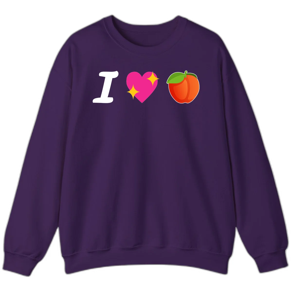 I love apples rebus design with large white I, magenta heart with yellow sparkles, and red apple with green leaf in Purple