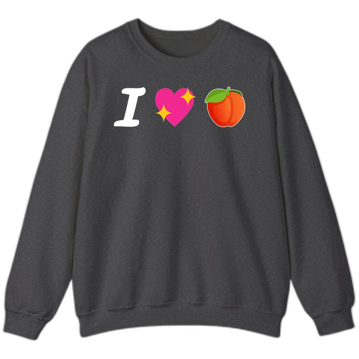 I love apples rebus design with large white I, magenta heart with yellow sparkles, and red apple with green leaf in Dark Heather