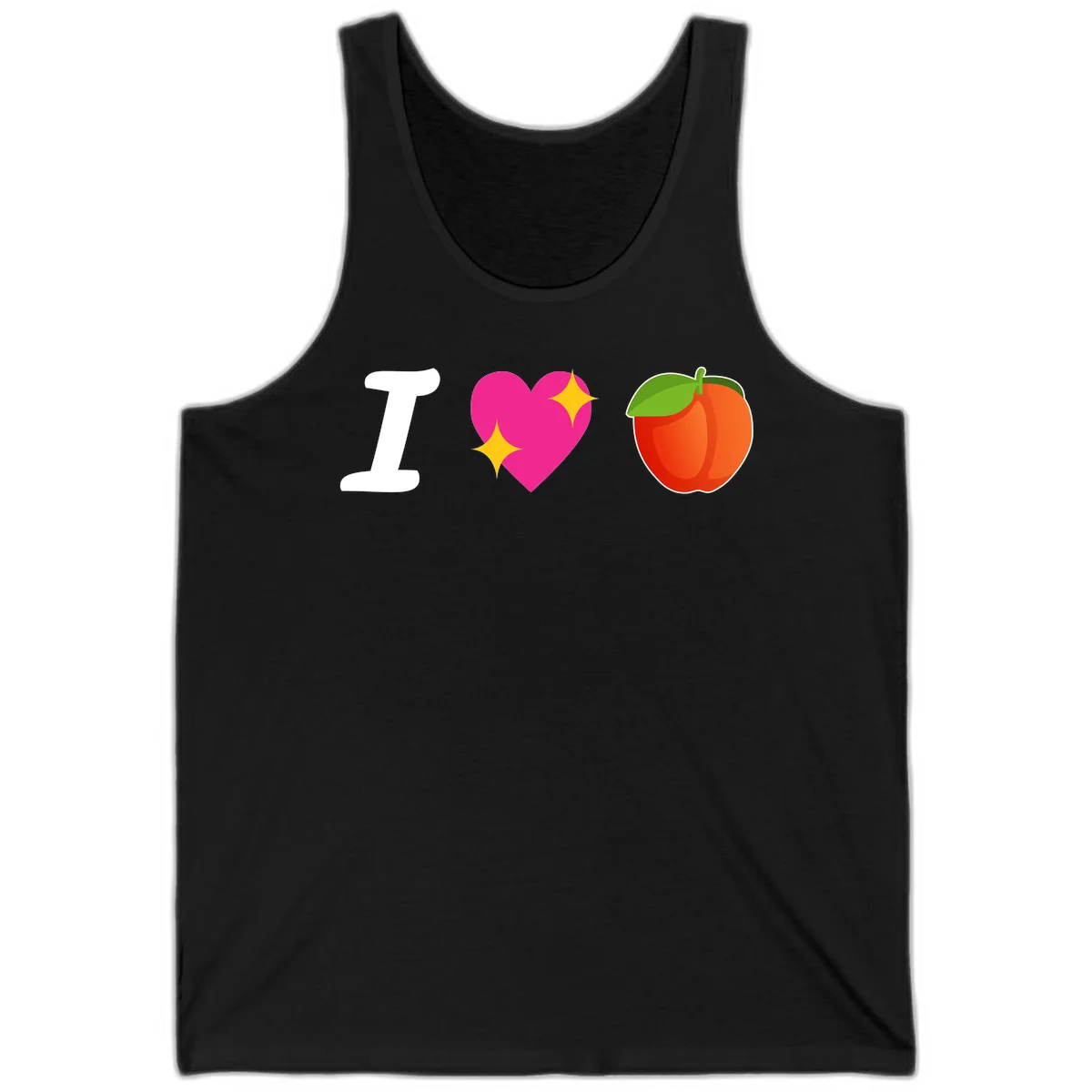 I love apples rebus design with large white I, magenta heart with yellow sparkles, and red apple with green leaf in Black