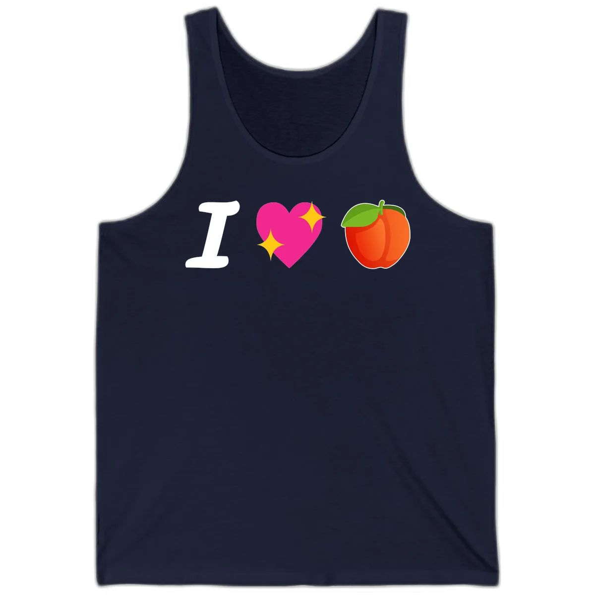 I love apples rebus design with large white I, magenta heart with yellow sparkles, and red apple with green leaf in Navy