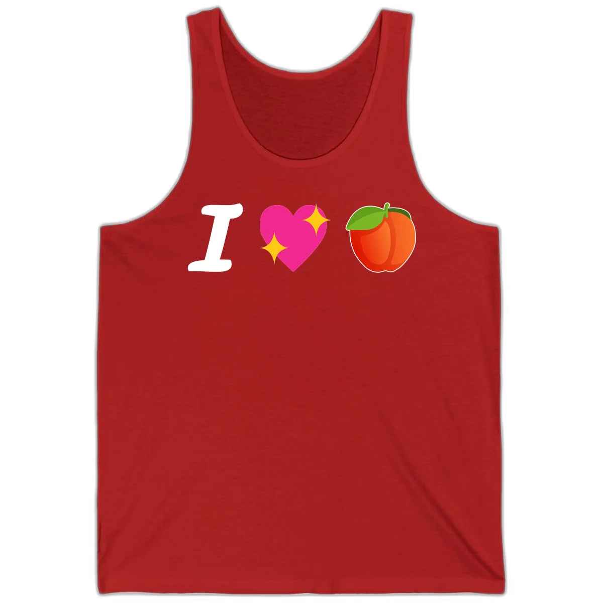 I love apples rebus design with large white I, magenta heart with yellow sparkles, and red apple with green leaf in Red