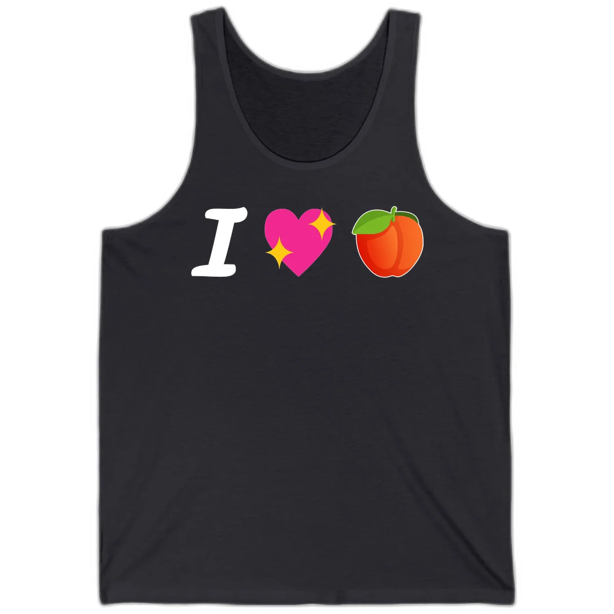 I love apples rebus design with large white I, magenta heart with yellow sparkles, and red apple with green leaf in Dark Grey