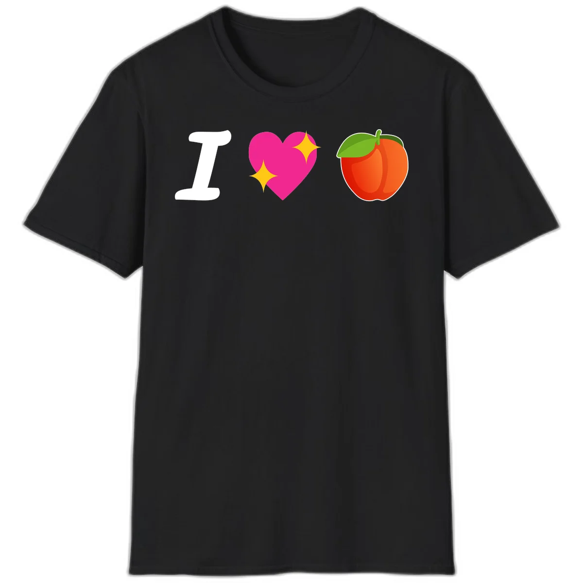 I love apples rebus design with large white I, magenta heart with yellow sparkles, and red apple with green leaf in Black