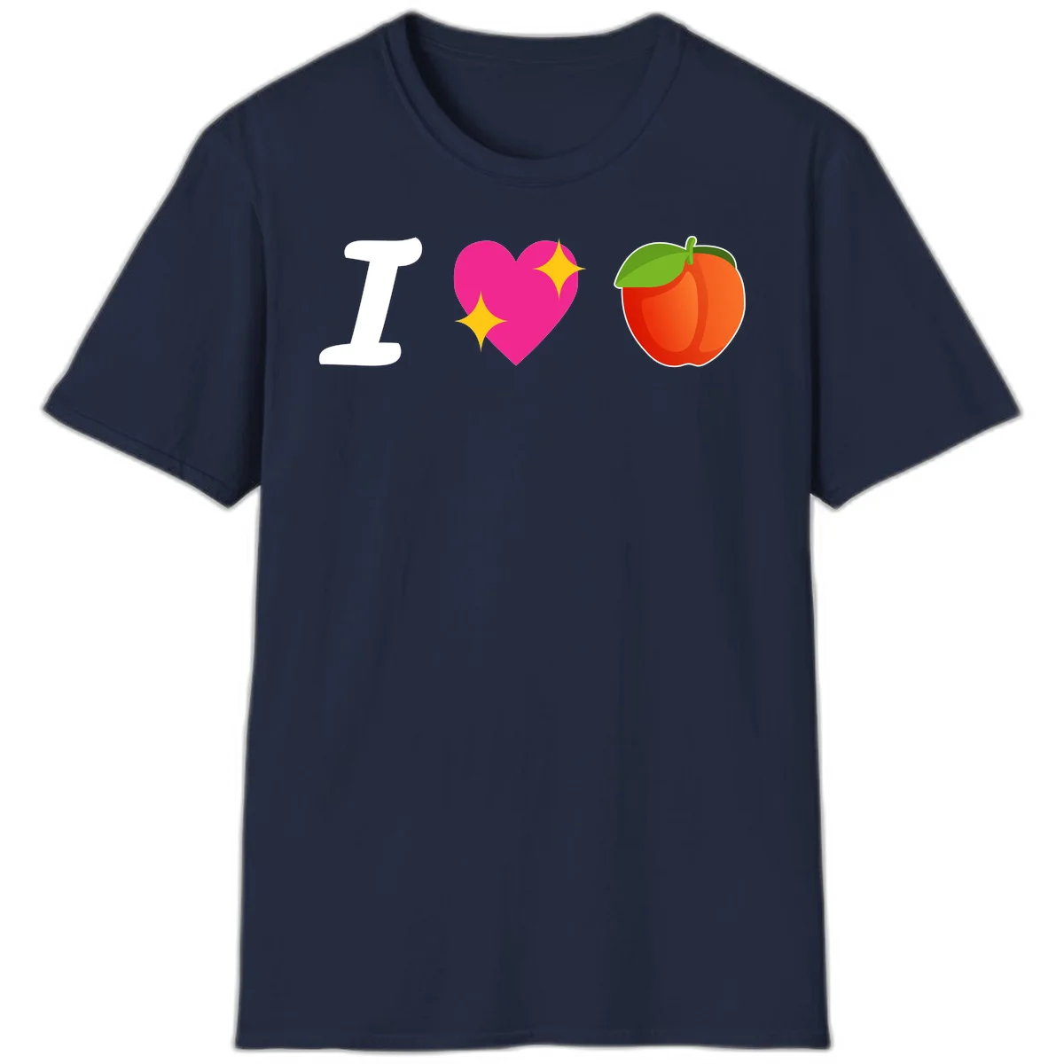 I love apples rebus design with large white I, magenta heart with yellow sparkles, and red apple with green leaf in Navy