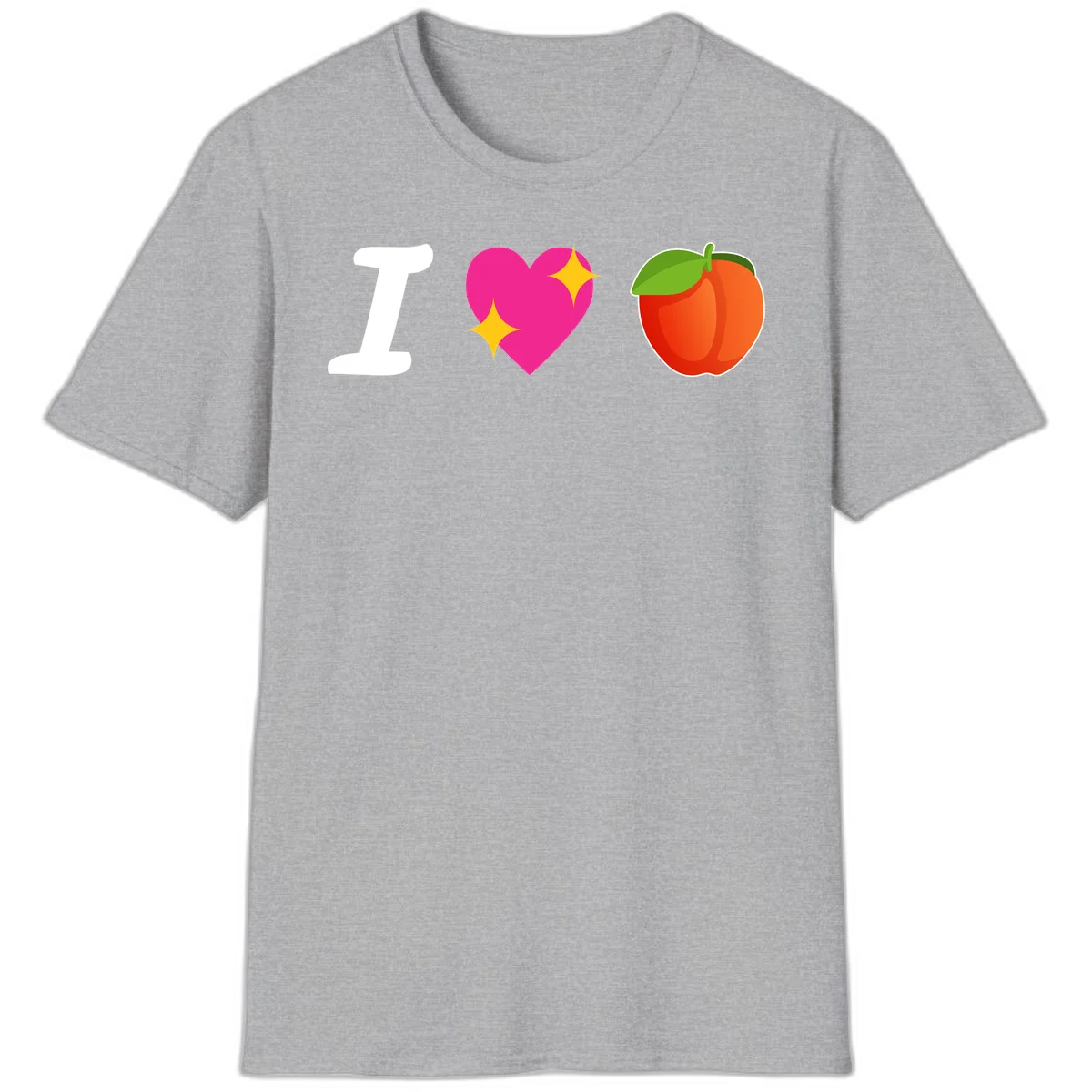 I love apples rebus design with large white I, magenta heart with yellow sparkles, and red apple with green leaf in Sport Grey
