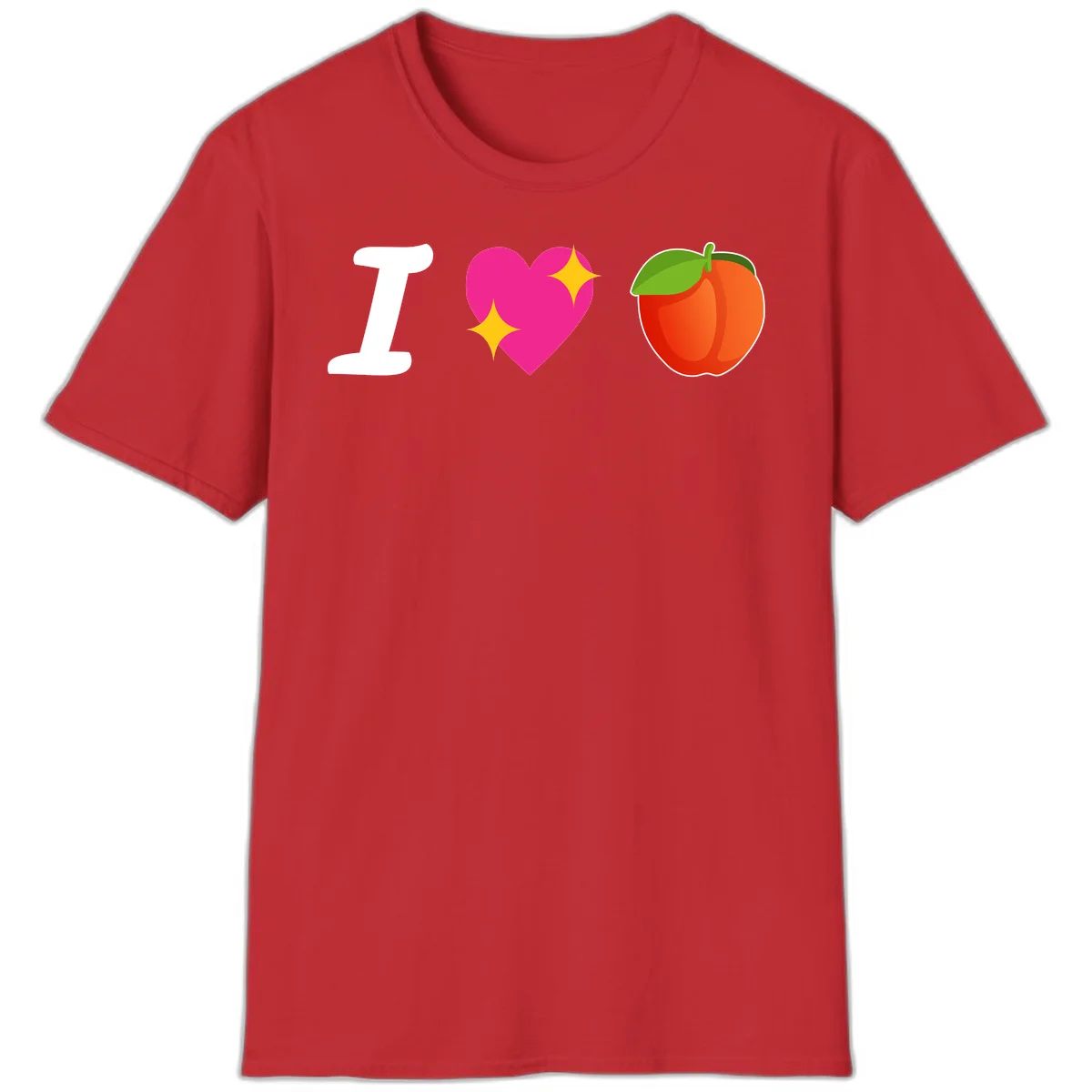 I love apples rebus design with large white I, magenta heart with yellow sparkles, and red apple with green leaf in Red