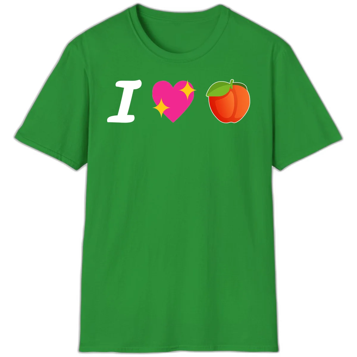 I love apples rebus design with large white I, magenta heart with yellow sparkles, and red apple with green leaf in Irish Green