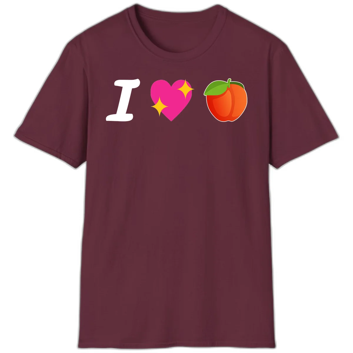 I love apples rebus design with large white I, magenta heart with yellow sparkles, and red apple with green leaf in Maroon