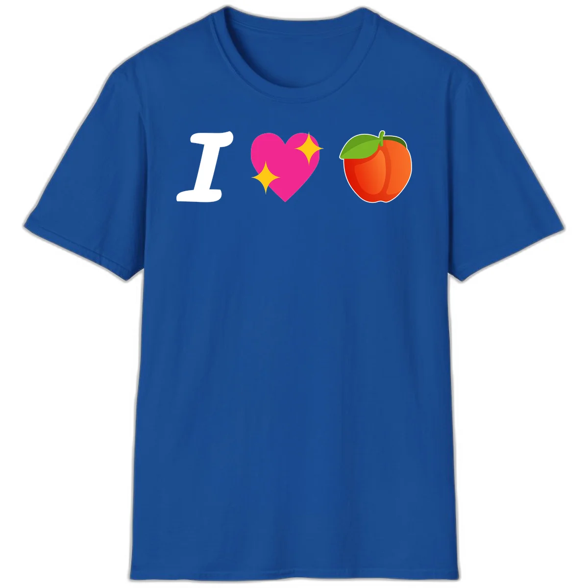 I love apples rebus design with large white I, magenta heart with yellow sparkles, and red apple with green leaf in Royal