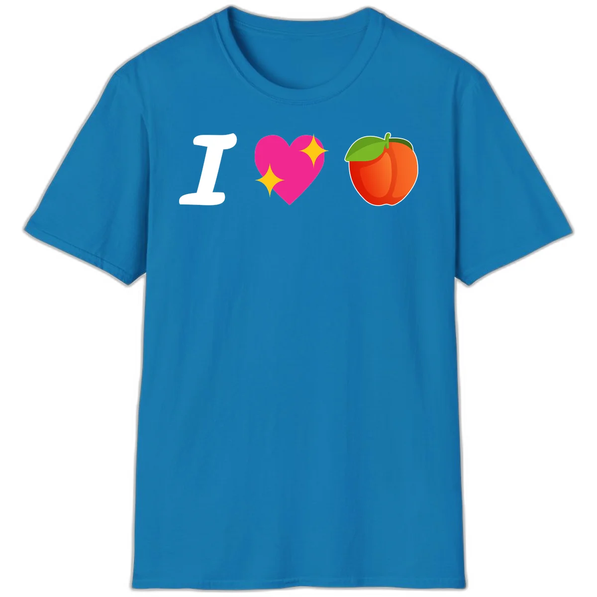 I love apples rebus design with large white I, magenta heart with yellow sparkles, and red apple with green leaf in Sapphire
