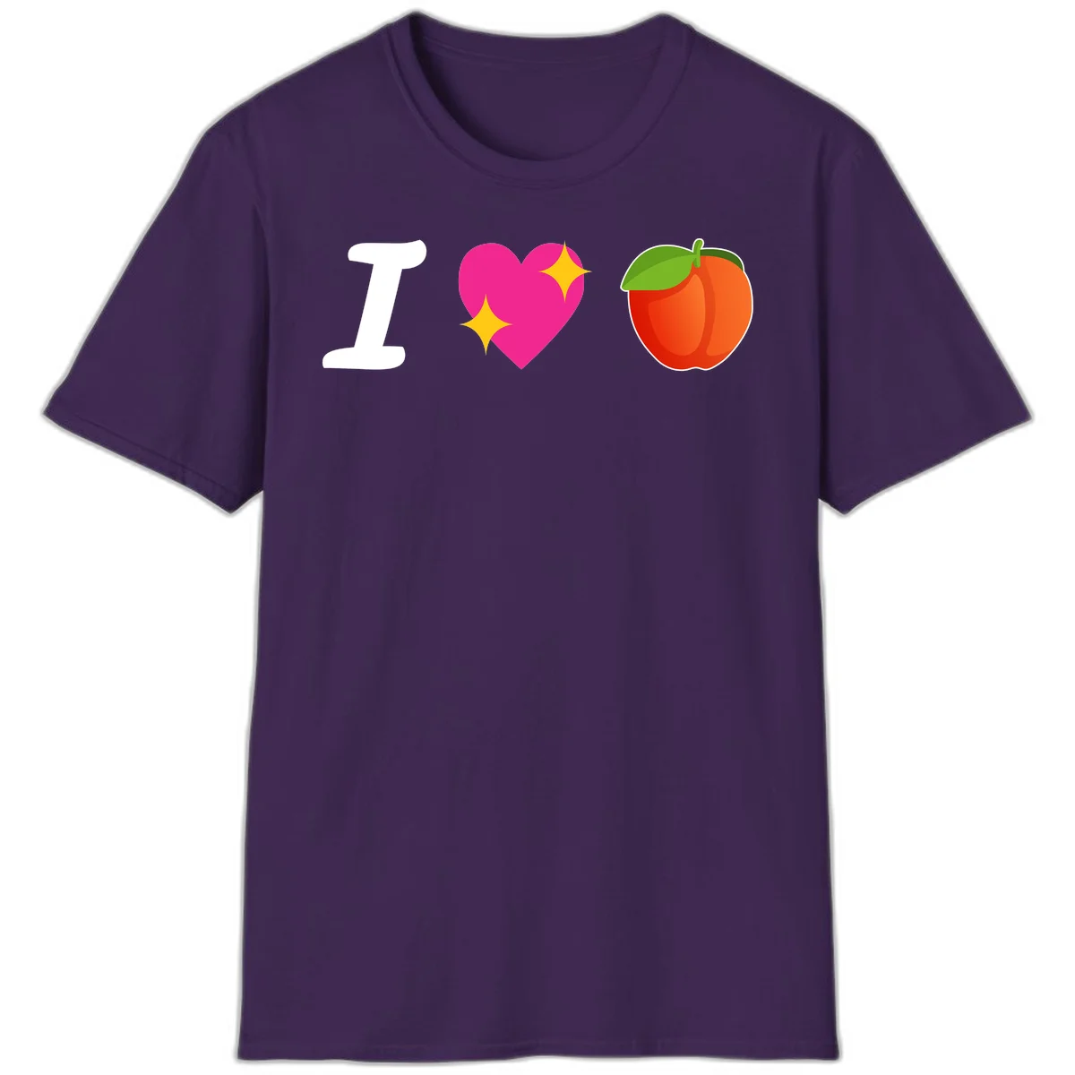 I love apples rebus design with large white I, magenta heart with yellow sparkles, and red apple with green leaf in Purple