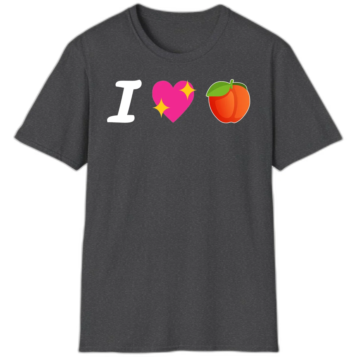 I love apples rebus design with large white I, magenta heart with yellow sparkles, and red apple with green leaf in Dark Heather