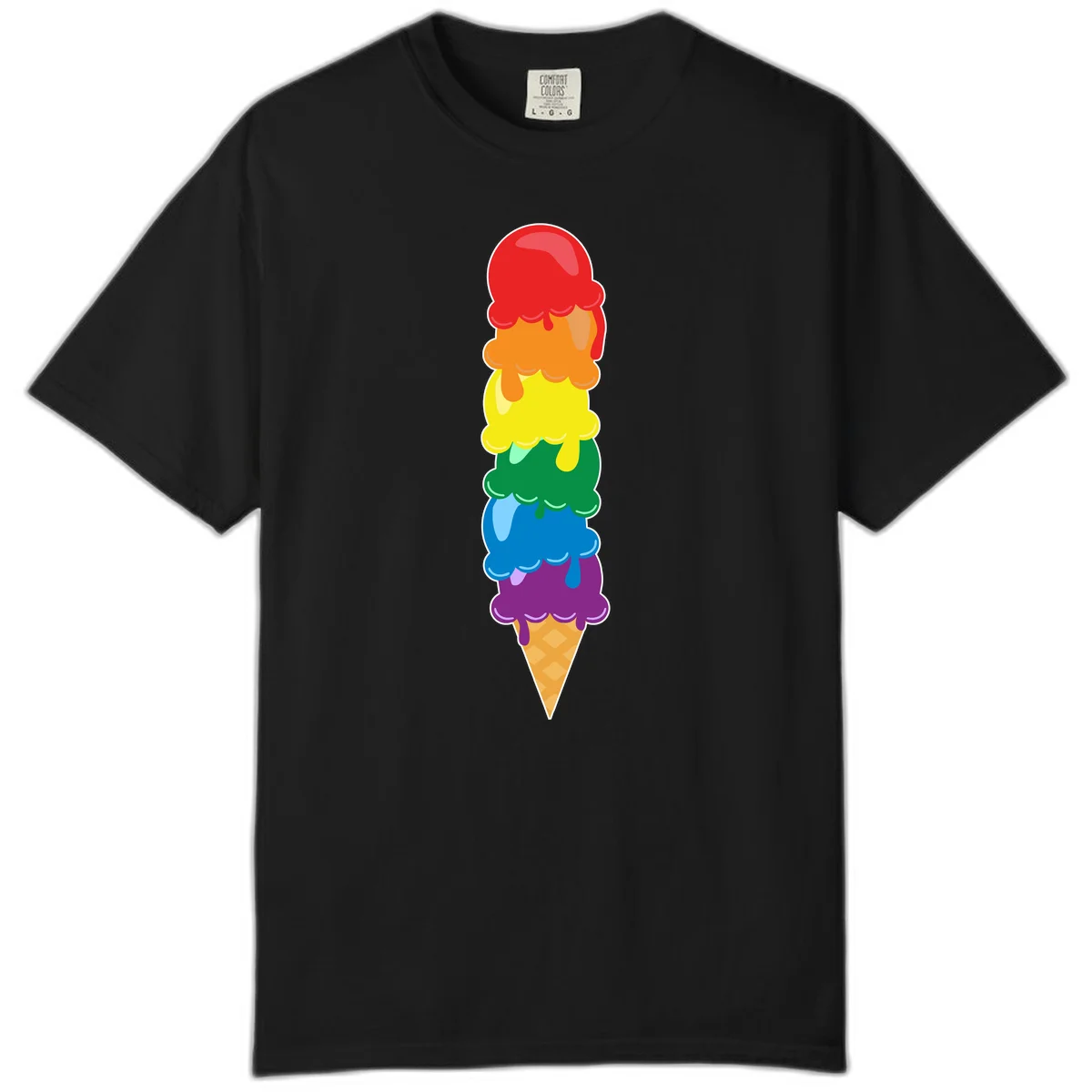 Colorful rainbow ice cream cone with six stacked scoops in pride flag colors dripping down a waffle cone in Black