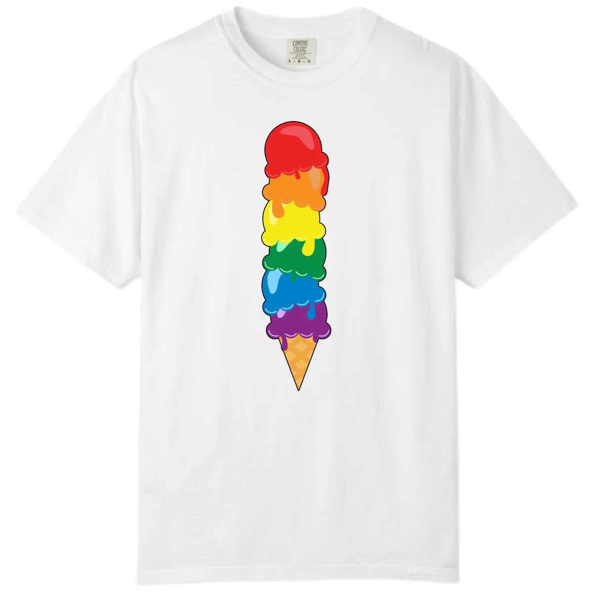 Colorful rainbow ice cream cone with six stacked scoops in pride flag colors dripping down a waffle cone in White