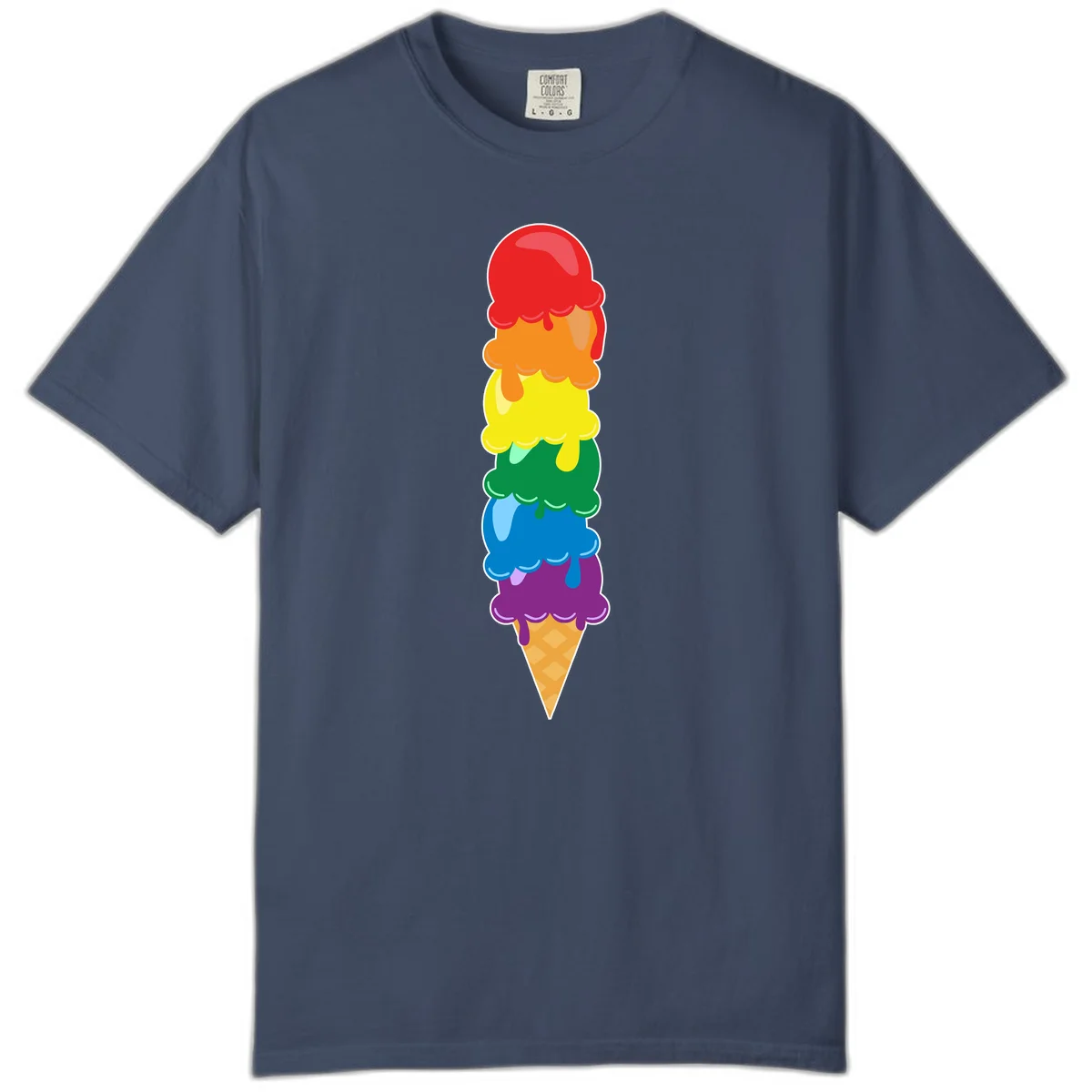 Colorful rainbow ice cream cone with six stacked scoops in pride flag colors dripping down a waffle cone in Midnight