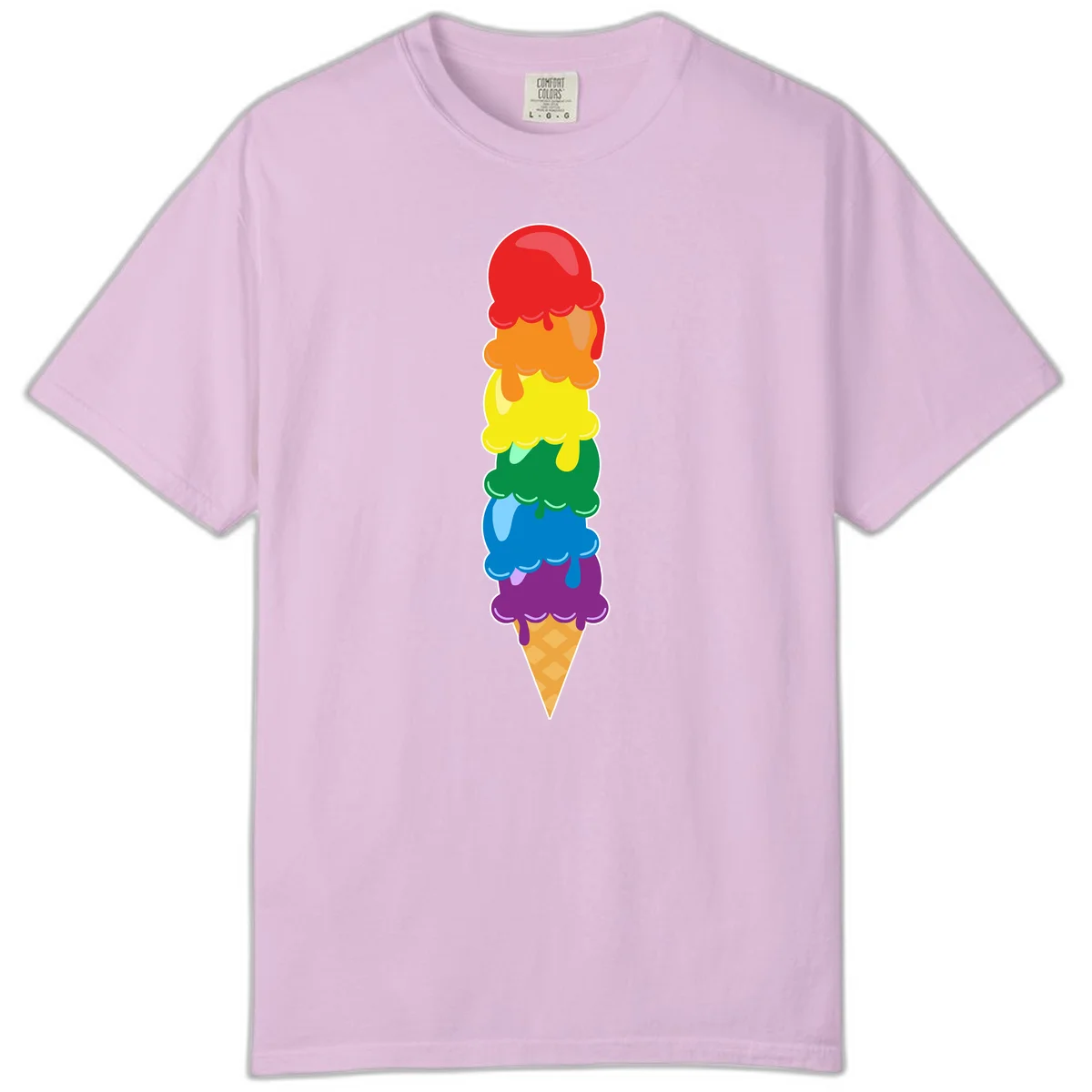 Colorful rainbow ice cream cone with six stacked scoops in pride flag colors dripping down a waffle cone in Orchid