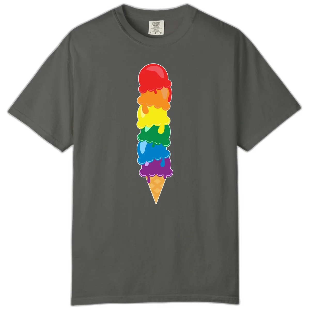 Colorful rainbow ice cream cone with six stacked scoops in pride flag colors dripping down a waffle cone in Pepper