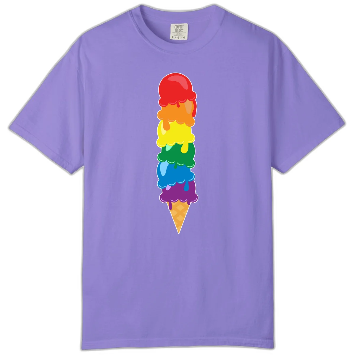 Colorful rainbow ice cream cone with six stacked scoops in pride flag colors dripping down a waffle cone in Violet