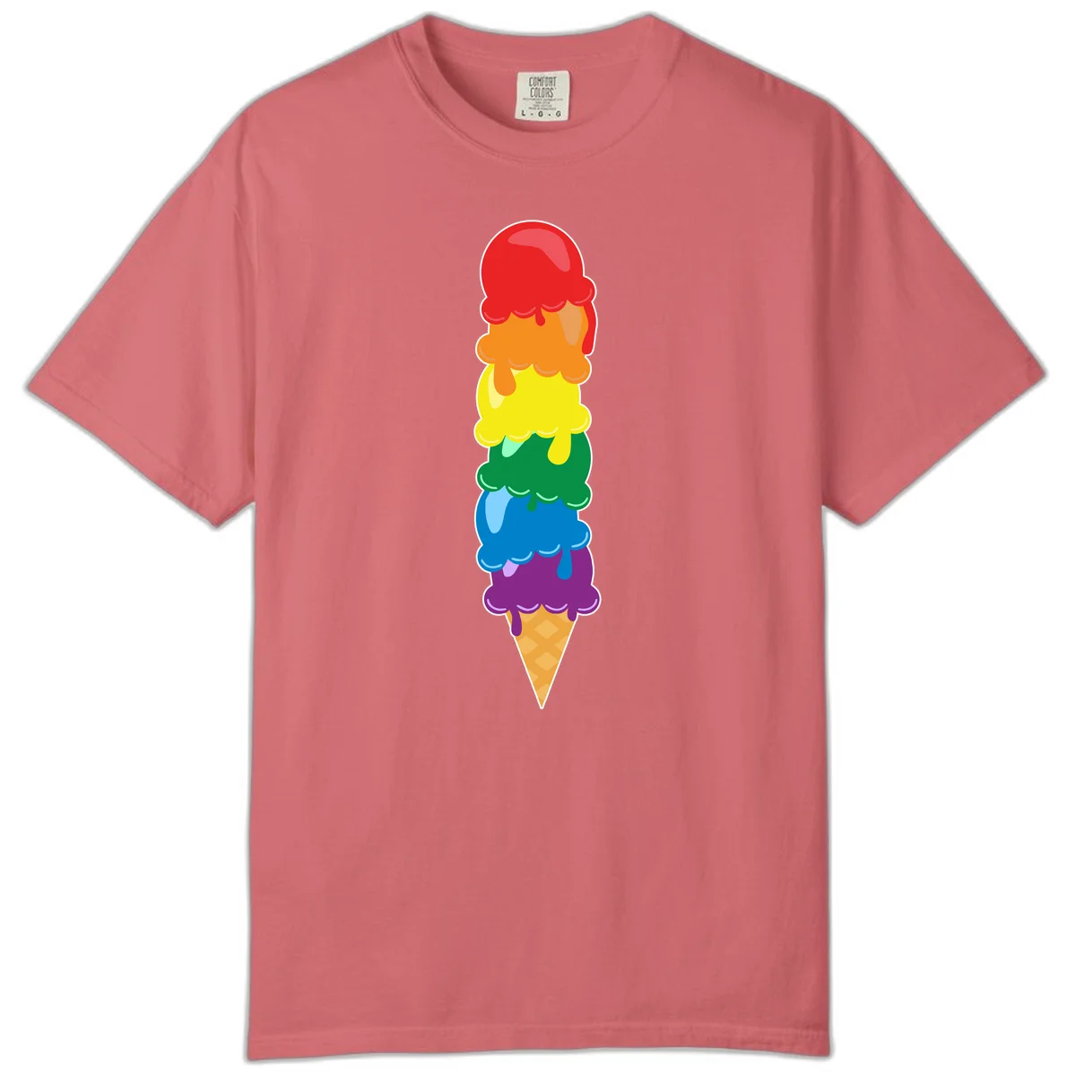 Colorful rainbow ice cream cone with six stacked scoops in pride flag colors dripping down a waffle cone in Watermelon