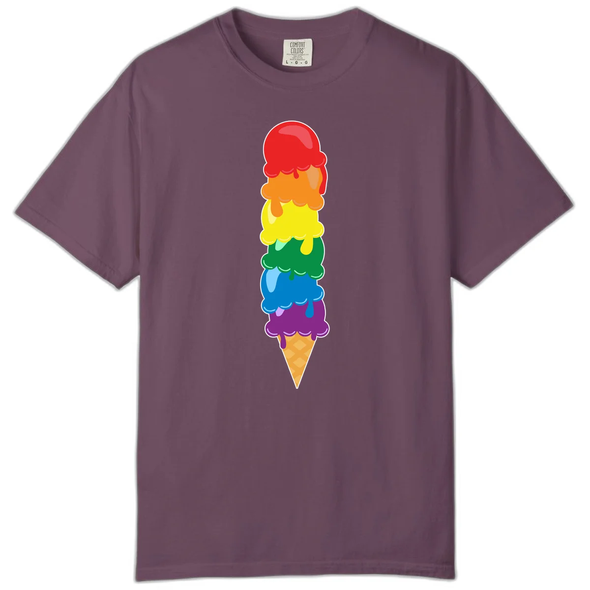Colorful rainbow ice cream cone with six stacked scoops in pride flag colors dripping down a waffle cone in Berry
