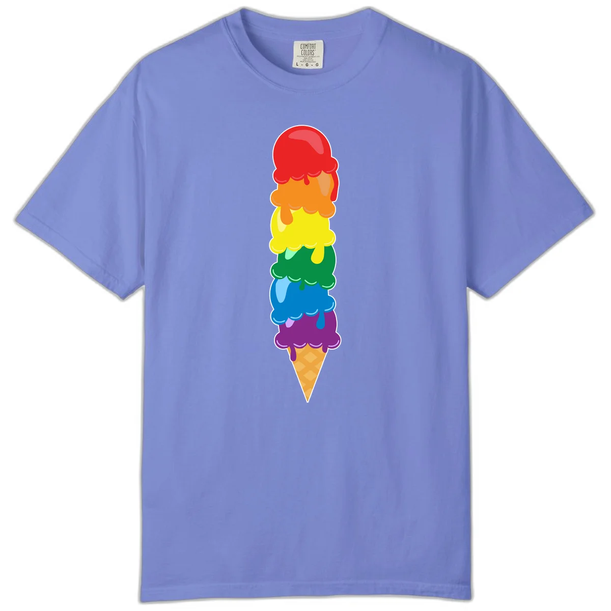 Colorful rainbow ice cream cone with six stacked scoops in pride flag colors dripping down a waffle cone in Flo Blue