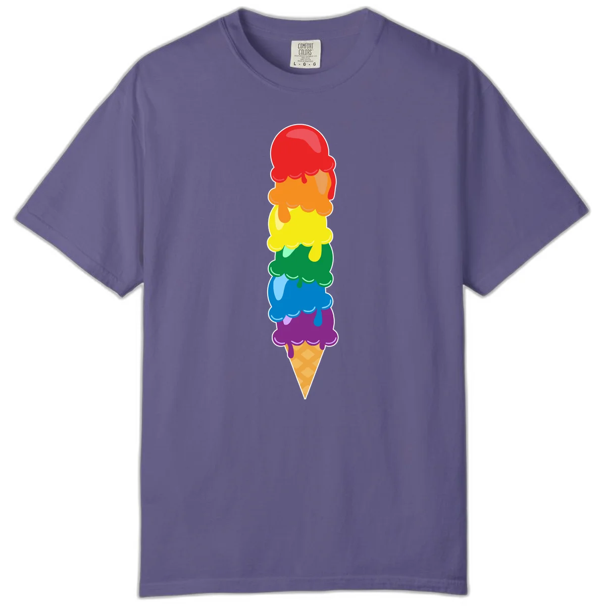 Colorful rainbow ice cream cone with six stacked scoops in pride flag colors dripping down a waffle cone in Grape