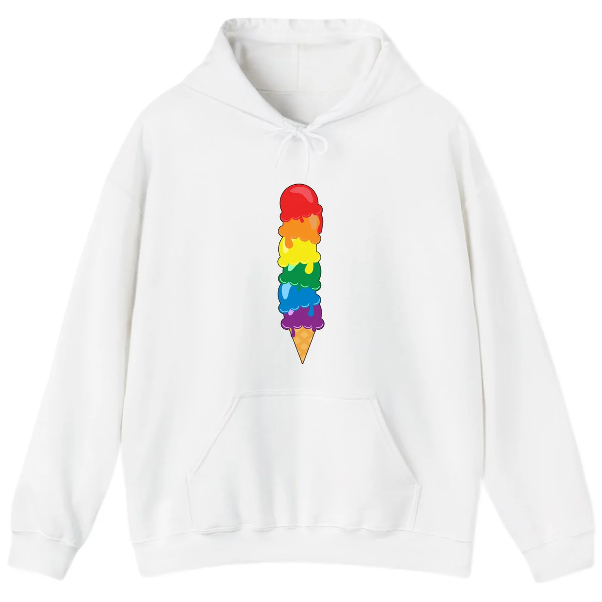 Colorful rainbow ice cream cone with six stacked scoops in pride flag colors dripping down a waffle cone in White