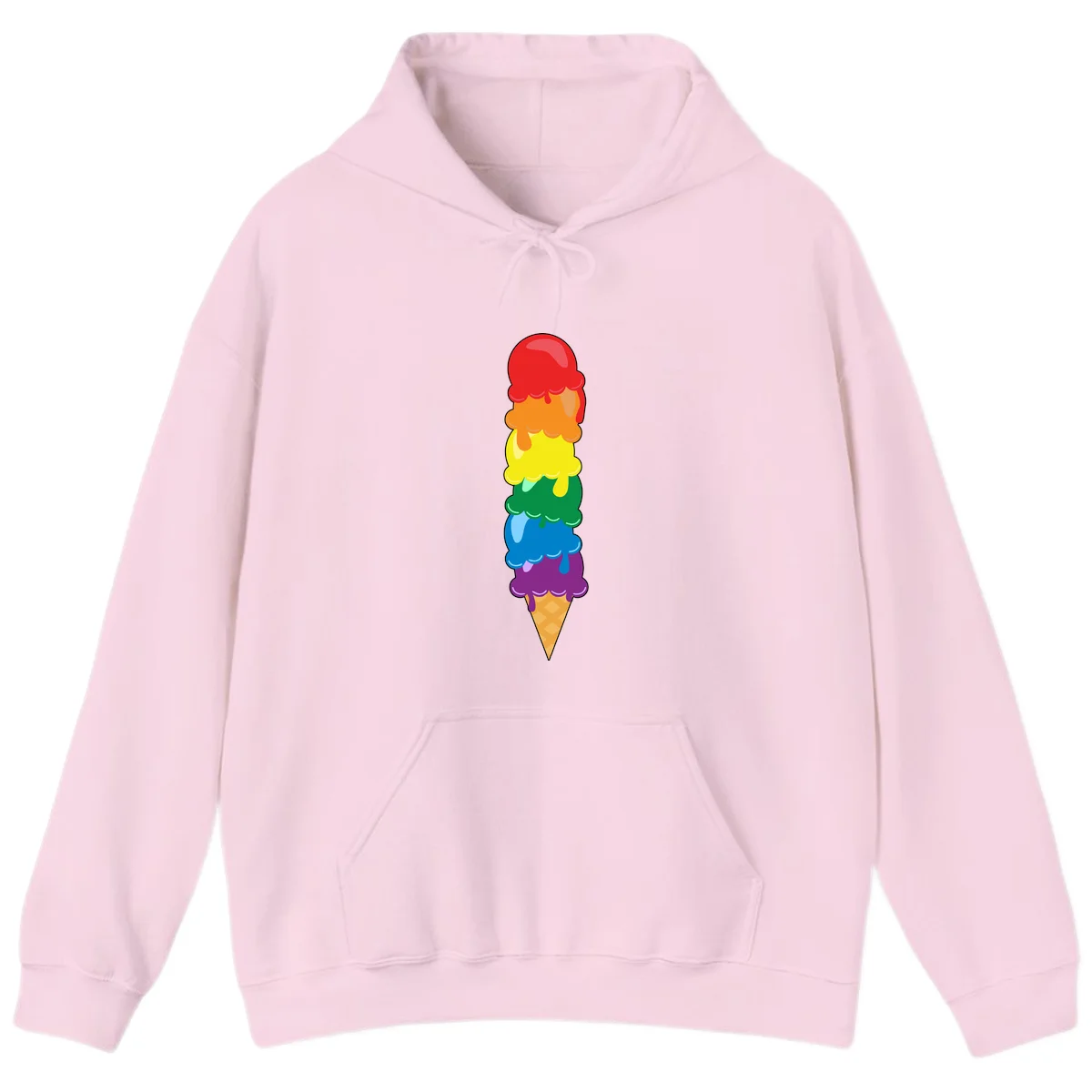 Colorful rainbow ice cream cone with six stacked scoops in pride flag colors dripping down a waffle cone in Light Pink