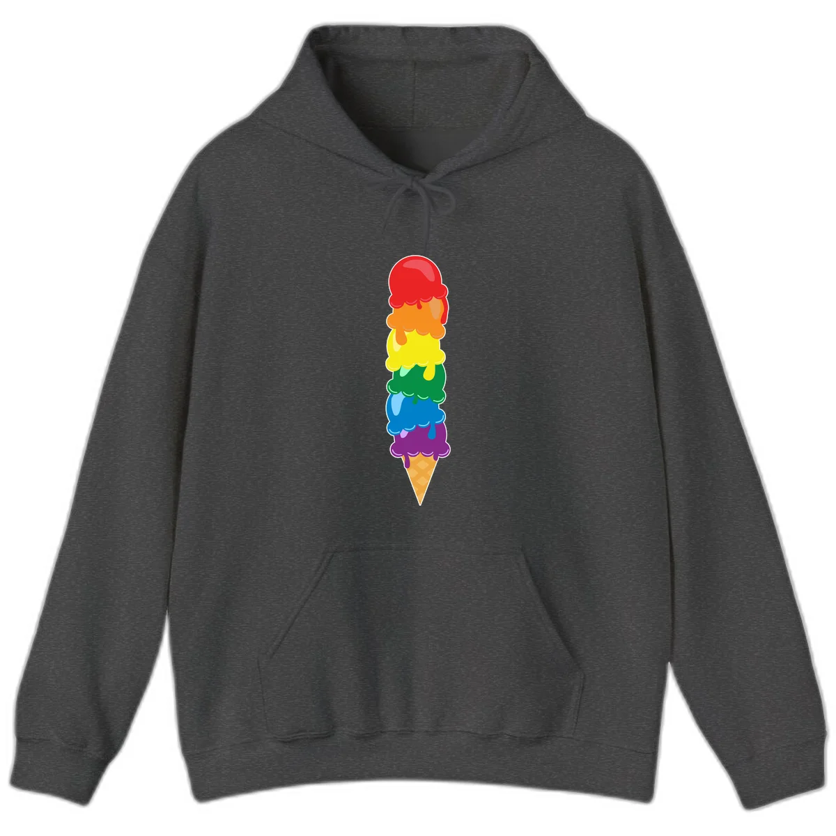 Colorful rainbow ice cream cone with six stacked scoops in pride flag colors dripping down a waffle cone in Dark Heather